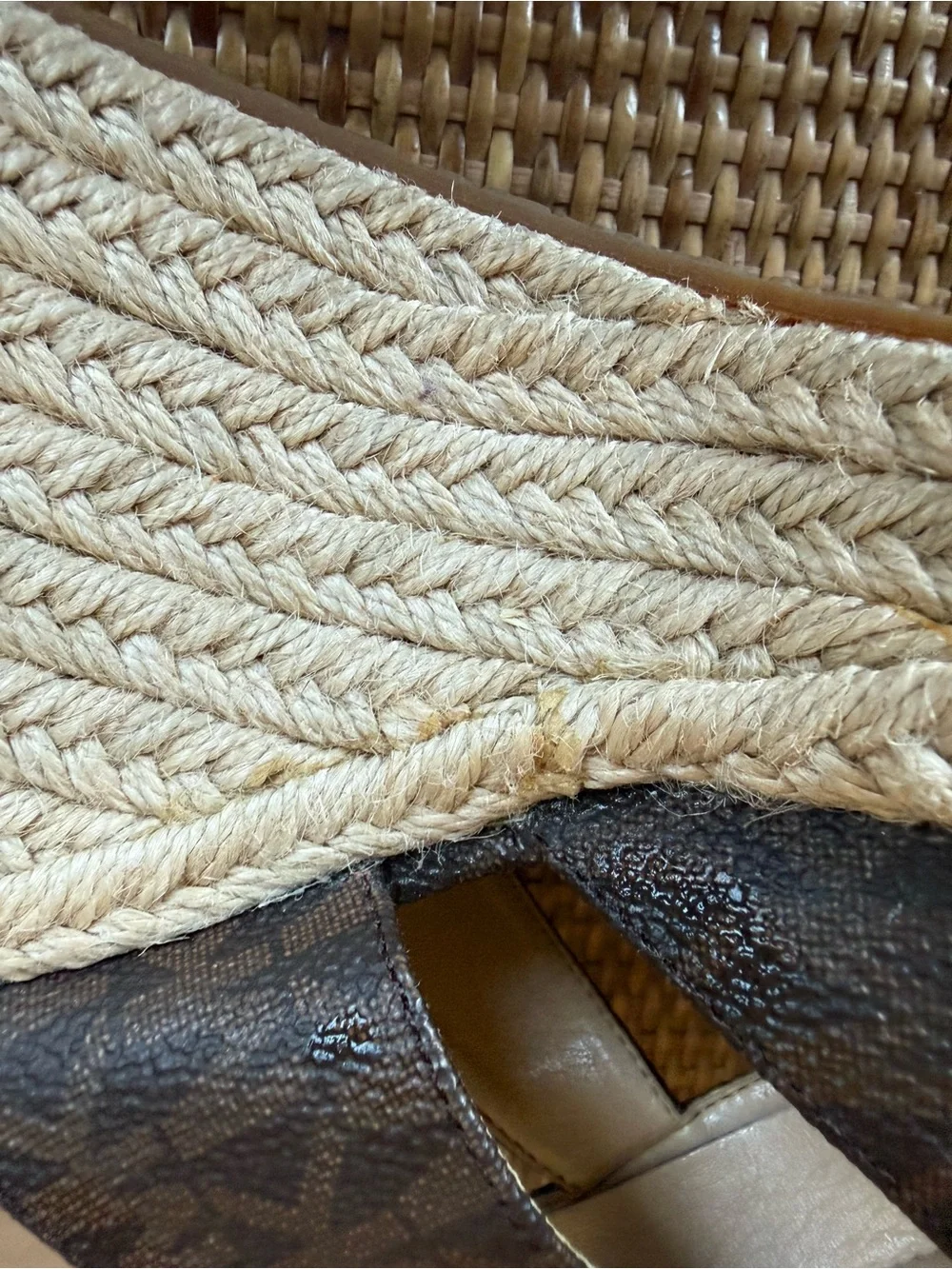 Michael Kors Dark Brown Signature Canvas Espadrille Wedge Sandals with Gold Zip